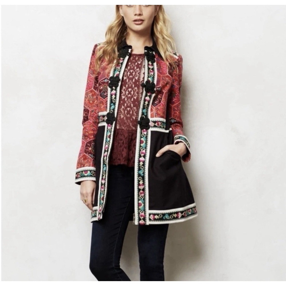 Anthropologie Elevenses Women's 6 Satsuma Embroidered Long Jacket Zip Rare EUC
